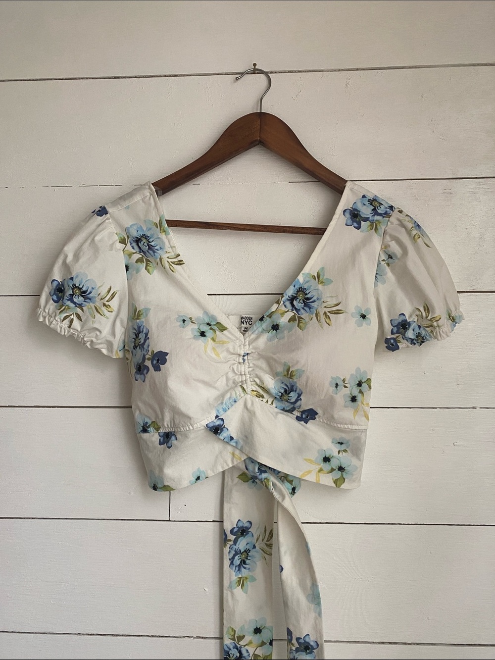 White Floral Wrap Crop Top with Blue Blooms